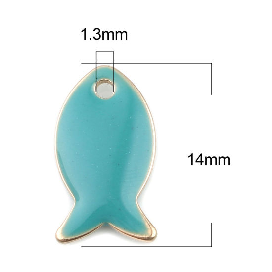 Bild von Messing Emaillierte Pailletten Charms Fisch Vergoldet Azurblau 14mm x 8mm, 10 Stück