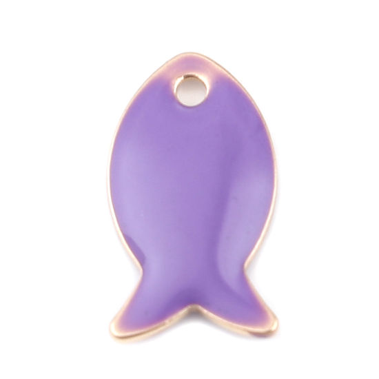 Bild von Messing Emaillierte Pailletten Charms Fisch Vergoldet Blau Violett 14mm x 8mm, 10 Stück