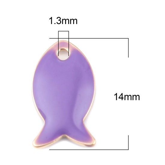 Bild von Messing Emaillierte Pailletten Charms Fisch Vergoldet Blau Violett 14mm x 8mm, 10 Stück