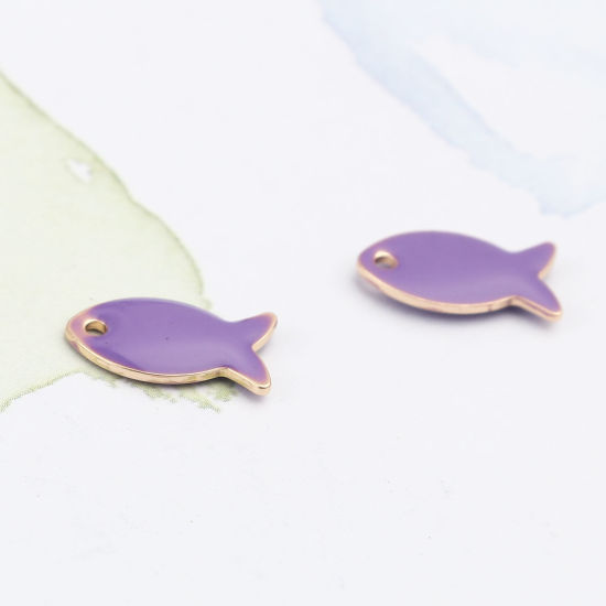 Bild von Messing Emaillierte Pailletten Charms Fisch Vergoldet Blau Violett 14mm x 8mm, 10 Stück