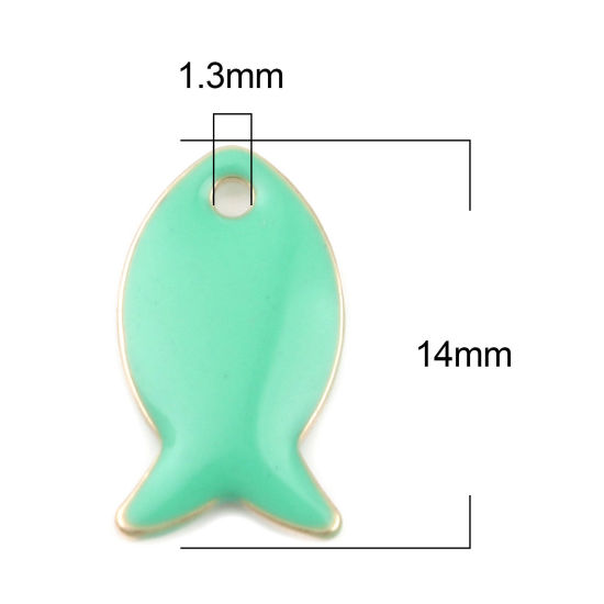 Bild von Messing Emaillierte Pailletten Charms Fisch Vergoldet Hellgrün 14mm x 8mm, 10 Stück