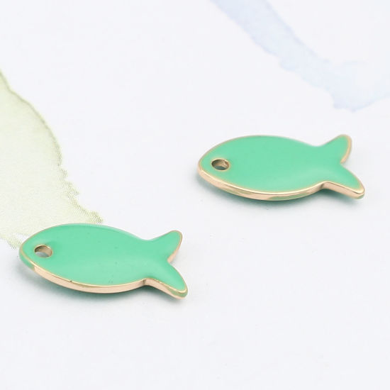 Picture of Brass Enamelled Sequins Charms Gold Plated Light Green Fish Animal 14mm x 8mm, 10 PCs