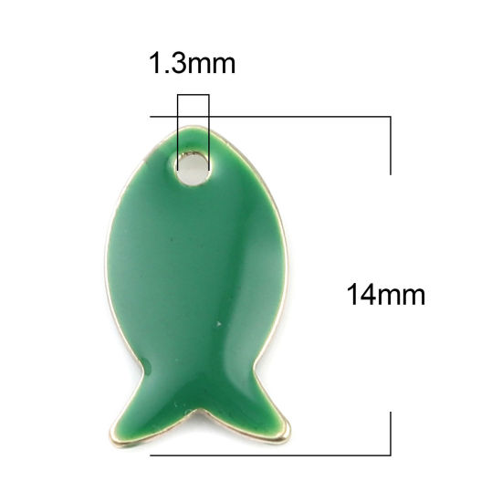 Bild von Messing Emaillierte Pailletten Charms Fisch Vergoldet Dunkelgrün 14mm x 8mm, 10 Stück