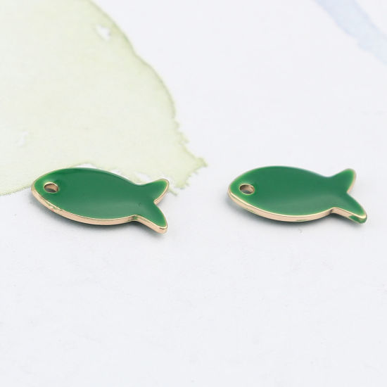 Picture of Brass Enamelled Sequins Charms Gold Plated Dark Green Fish Animal 14mm x 8mm, 10 PCs