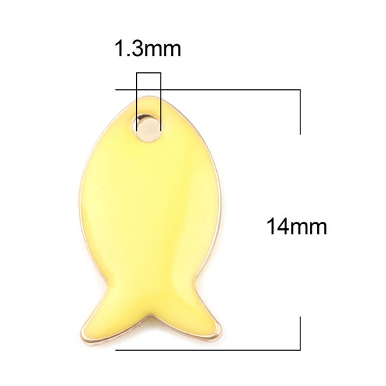 Bild von Messing Emaillierte Pailletten Charms Fisch Vergoldet Zitronengelb 14mm x 8mm, 10 Stück