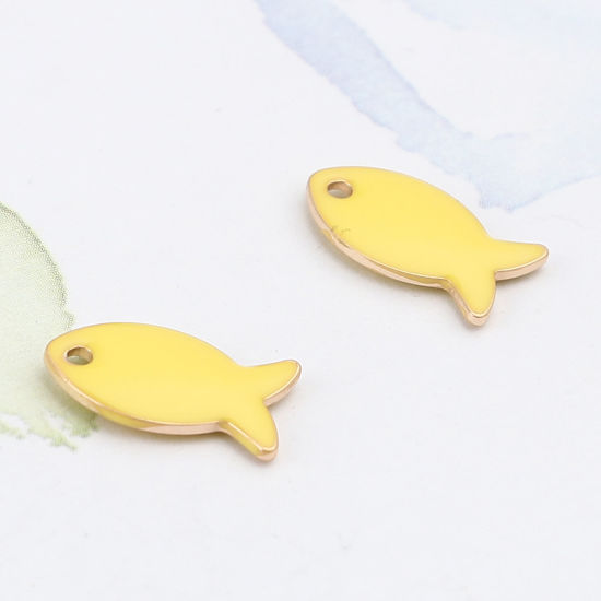 Picture of Brass Enamelled Sequins Charms Gold Plated Lemon Yellow Fish Animal 14mm x 8mm, 10 PCs