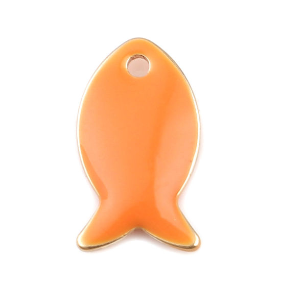 Bild von Messing Emaillierte Pailletten Charms Fisch Vergoldet Orange 14mm x 8mm, 10 Stück