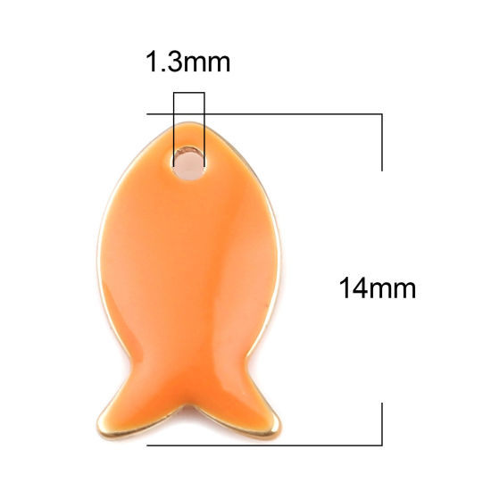 Bild von Messing Emaillierte Pailletten Charms Fisch Vergoldet Orange 14mm x 8mm, 10 Stück