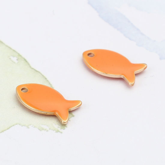 Picture of Brass Enamelled Sequins Charms Gold Plated Orange Fish Animal 14mm x 8mm, 10 PCs