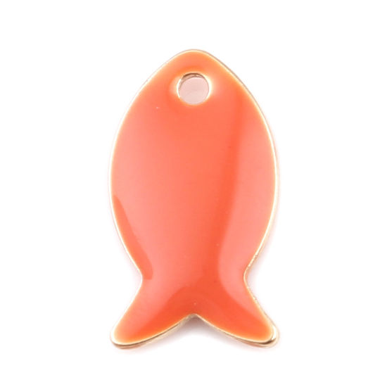 Bild von Messing Emaillierte Pailletten Charms Fisch Vergoldet Orangerot 14mm x 8mm, 10 Stück