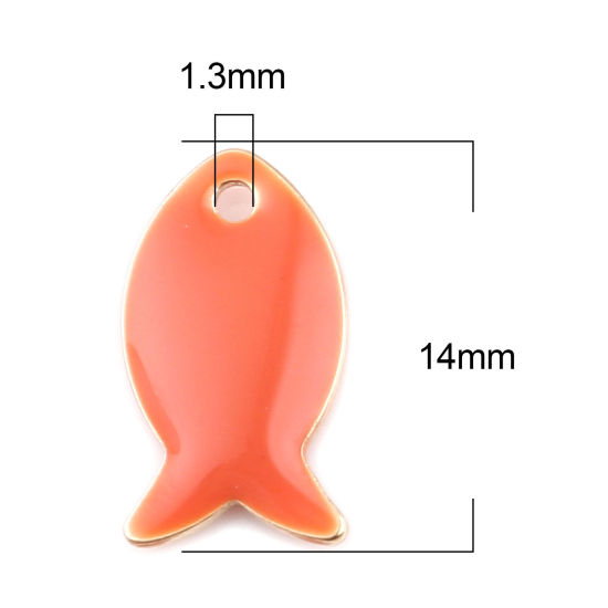 Bild von Messing Emaillierte Pailletten Charms Fisch Vergoldet Orangerot 14mm x 8mm, 10 Stück