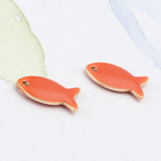 Bild von Messing Emaillierte Pailletten Charms Fisch Vergoldet Orangerot 14mm x 8mm, 10 Stück