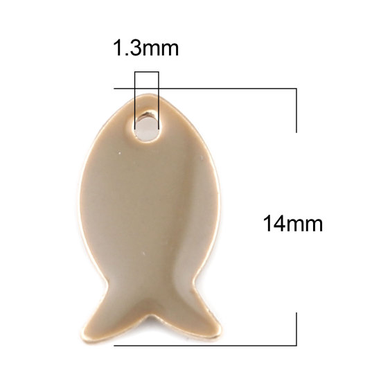 Bild von Messing Emaillierte Pailletten Charms Fisch Vergoldet Hell Kaffeebraun 14mm x 8mm, 10 Stück