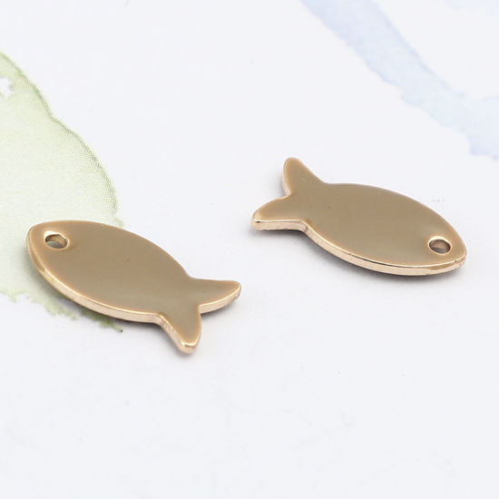 Picture of Brass Enamelled Sequins Charms Gold Plated Light Coffee Fish Animal 14mm x 8mm, 10 PCs