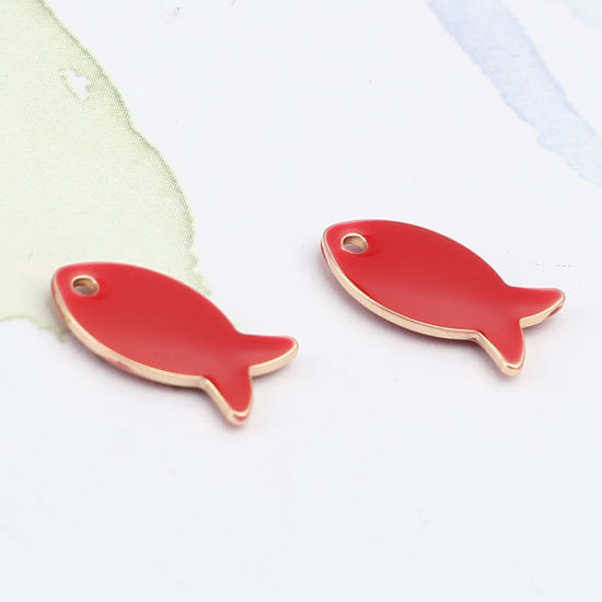 Picture of Brass Enamelled Sequins Charms Gold Plated Red Fish Animal 14mm x 8mm, 10 PCs