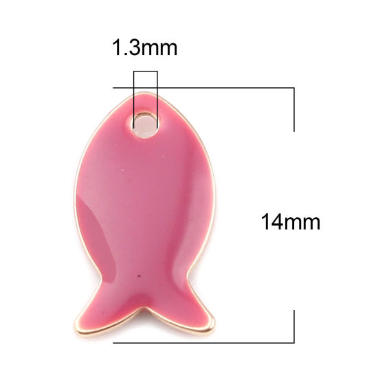 Bild von Messing Emaillierte Pailletten Charms Fisch Vergoldet Helle Fuchsie 14mm x 8mm, 10 Stück