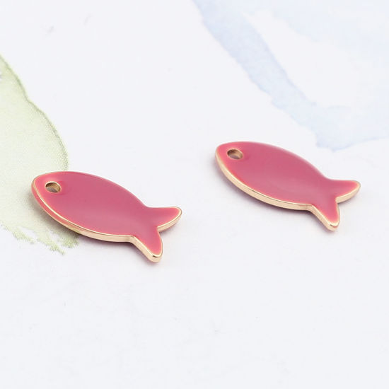 Picture of Brass Enamelled Sequins Charms Gold Plated Light Fuchsia Fish Animal 14mm x 8mm, 10 PCs