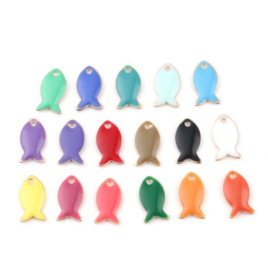 Bild von Messing Emaillierte Pailletten Charms Fisch Vergoldet Helle Fuchsie 14mm x 8mm, 10 Stück