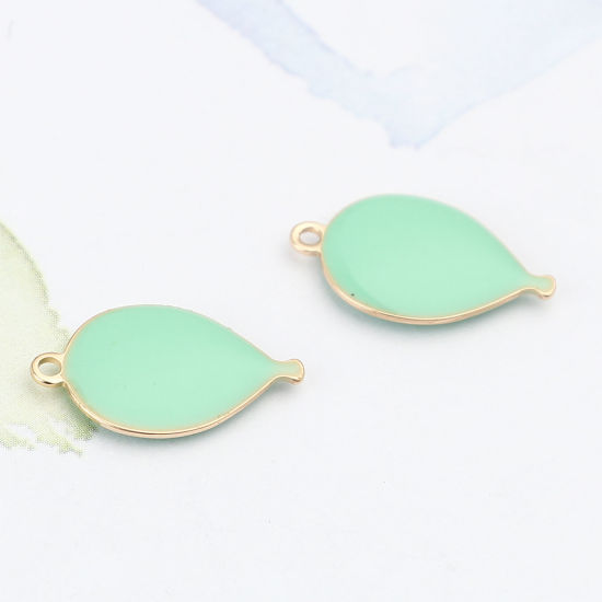 Picture of Brass Enamelled Sequins Charms Gold Plated Light Green Drop 17mm x 10mm, 10 PCs