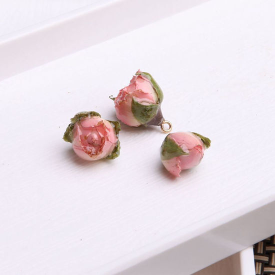 Bild von Zinklegierung Handgemachte Harz Schmuck Echte Blume Anhänger KC Vergoldet Rosa 3cm - 0.8cm, 2 Stück