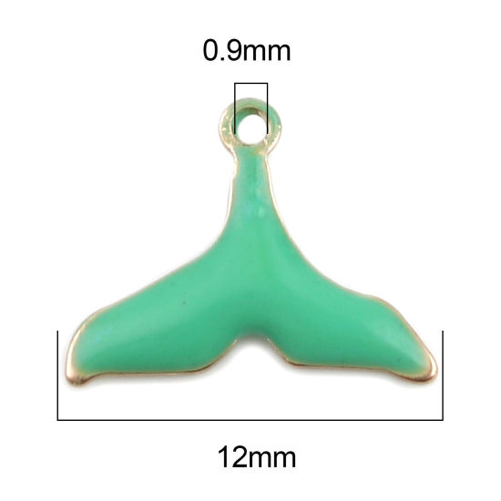 Image de Breloques Sequins Emaillés Double Face en Laiton Queue de Poisson Doré Vert Clair 12mm x 9mm, 10 Pcs