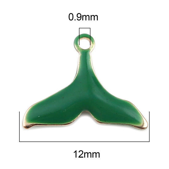 Image de Breloques Sequins Emaillés Double Face en Laiton Queue de Poisson Doré Vert Foncé 12mm x 9mm, 10 Pcs