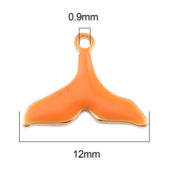 Image de Breloques Sequins Emaillés Double Face en Laiton Queue de Poisson Doré Orange 12mm x 9mm, 10 Pcs