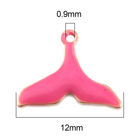 Image de Breloques Sequins Emaillés Double Face en Laiton Queue de Poisson Doré Fuchsia 12mm x 9mm, 10 Pcs