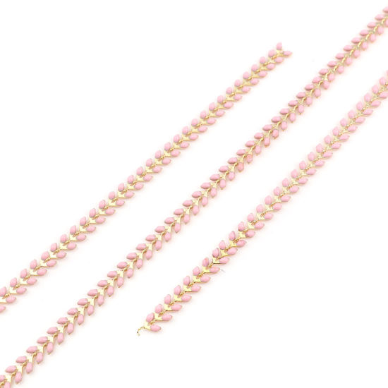 Picture of Brass Enamel Link Chain Findings Leaf Gold Plated Pink 6mm, 1 M                                                                                                                                                                                               