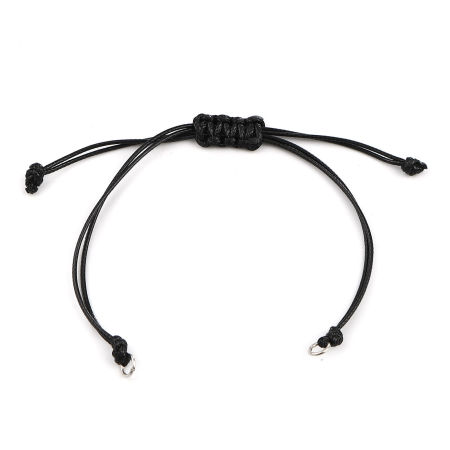 Picture of Polyester Braided Semi-finished Bracelets For DIY Handmade Jewelry Making Accessories Findings Silver Tone Black Adjustable 13.5cm(5 3/8") long, 5 PCs