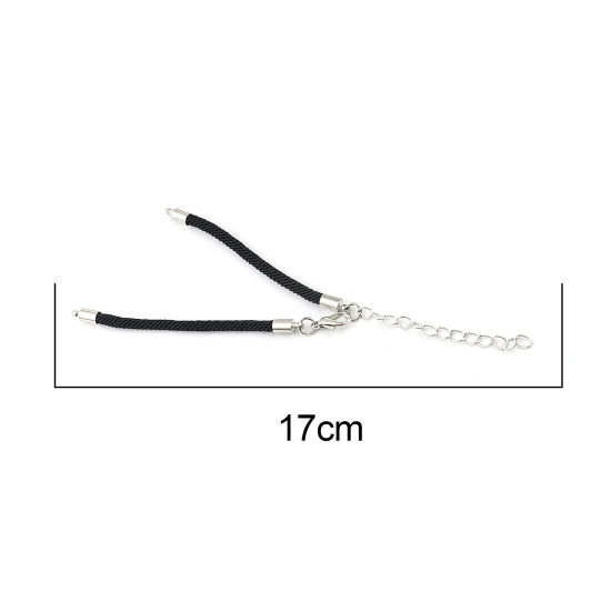 Picture of Polyamide Nylon Braiding Braided Bracelets Accessories Findings Silver Tone Black Adjustable 17cm(6 6/8") long, 10 PCs