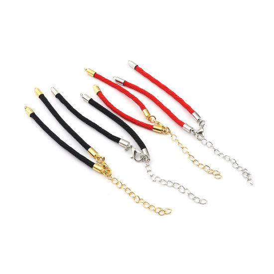 Picture of Polyamide Nylon Braiding Braided Bracelets Accessories Findings Gold Plated Black Adjustable 17cm(6 6/8") long, 10 PCs