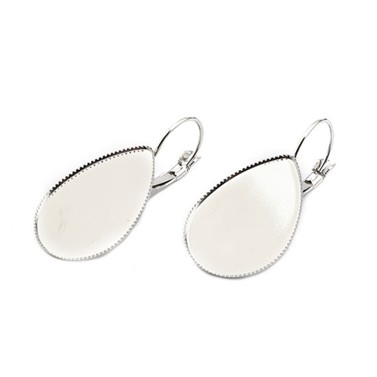Picture of Brass Cabochon Settings Ear Clips Earrings Drop Silver Tone (Fit 25mmx18mm) 37mm x 19mm, Post/ Wire Size: (20 gauge), 10 PCs                                                                                                                                  