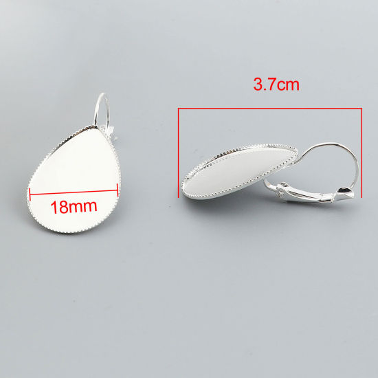 Picture of Brass Cabochon Settings Ear Clips Earrings Drop Silver Plated (Fit 25mmx18mm) 37mm x 19mm, Post/ Wire Size: (20 gauge), 10 PCs                                                                                                                                