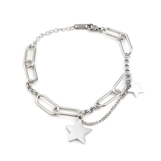 Imagen de Acero Inoxidable Cable Cadena Cruz Accesorios Pulseras Tono de Plata Óvalo Estrellas de cinco puntos Transparente Rhinestone Esmalte 17cm longitud, 1 Unidad
