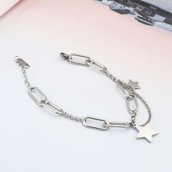 Imagen de Acero Inoxidable Cable Cadena Cruz Accesorios Pulseras Tono de Plata Óvalo Estrellas de cinco puntos Transparente Rhinestone Esmalte 17cm longitud, 1 Unidad