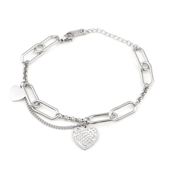 Imagen de Acero Inoxidable día de San Valentín Cable Cadena Cruz Accesorios Pulseras Tono de Plata Óvalo Corazón Transparente Rhinestone Esmalte 17cm longitud, 1 Unidad
