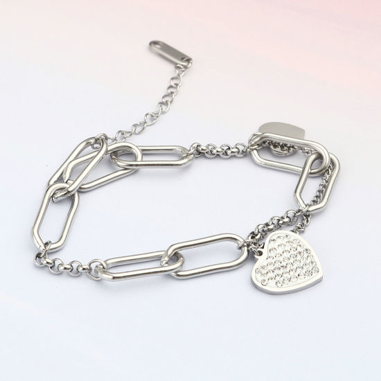 Imagen de Acero Inoxidable día de San Valentín Cable Cadena Cruz Accesorios Pulseras Tono de Plata Óvalo Corazón Transparente Rhinestone Esmalte 17cm longitud, 1 Unidad