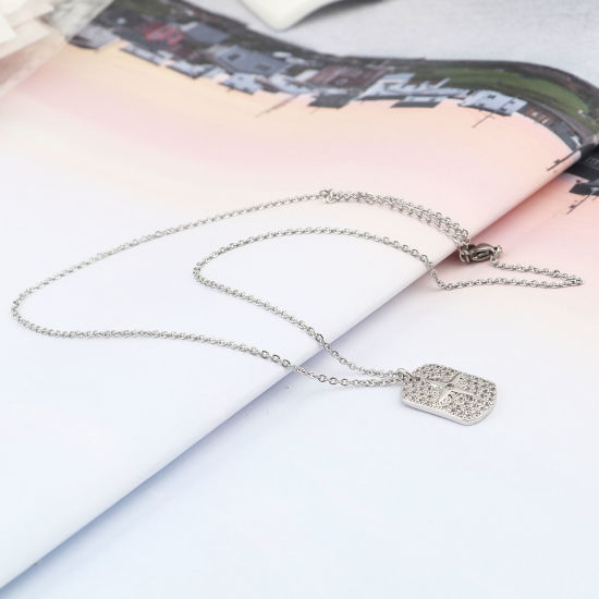 Immagine di Acciaio Inossidabile Galassia Cavo Catena Accessori Collana Tono Argento Rettangolo Stella Micro Spianare Trasparente Cubic Zirconia 45cm Lunghezza, 1 Pz