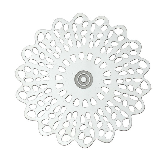 Picture of 304 Stainless Steel Filigree Stamping Embellishments Findings, Flower Silver Tone, Hollow Carved 35mm(1 3/8") x 34mm(1 3/8"), 20 PCs