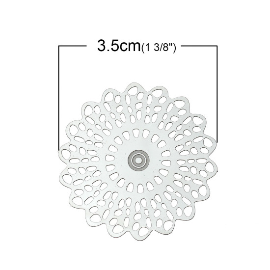 Picture of 304 Stainless Steel Filigree Stamping Embellishments Findings, Flower Silver Tone, Hollow Carved 35mm(1 3/8") x 34mm(1 3/8"), 20 PCs