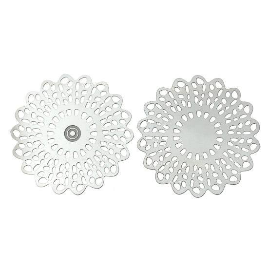 Picture of 304 Stainless Steel Filigree Stamping Embellishments Findings, Flower Silver Tone, Hollow Carved 35mm(1 3/8") x 34mm(1 3/8"), 20 PCs