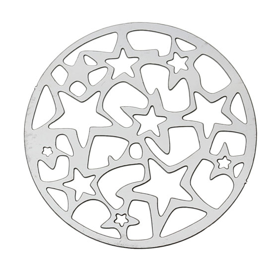 Picture of 304 Stainless Steel Filigree Stamping Embellishments Findings, Round Silver Tone, Hollow Five-point Stars Carved 30mm(1 1/8") Dia, 20 PCs