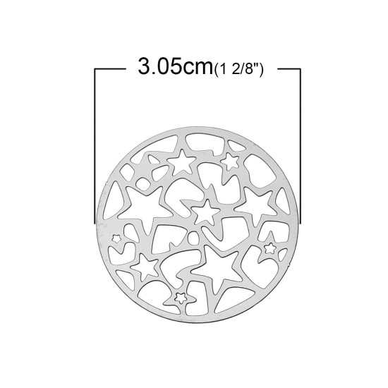 Picture of 304 Stainless Steel Filigree Stamping Embellishments Findings, Round Silver Tone, Hollow Five-point Stars Carved 30mm(1 1/8") Dia, 20 PCs
