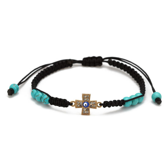 Picture of Nylon Braiding Braided Bracelets Accessories Findings Black Cross Evil Eye Imitation Turquoise Clear Rhinestone 1 Piece