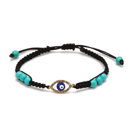 Picture of Nylon Braiding Braided Bracelets Accessories Findings Black Marquise Evil Eye Imitation Turquoise Clear Rhinestone 1 Piece