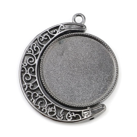 Picture of Zinc Based Alloy Galaxy Cabochon Settings Pendants Half Moon Gunmetal Filigree Rotatable (Fits 25mm Dia.) 39mm x 34mm, 5 PCs