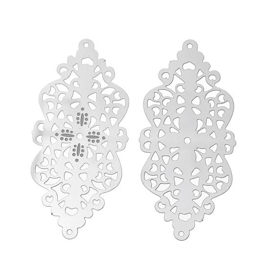 Imagen de Conectores Filigrana Estampación 304 Acero Inoxidable de Bowknot Tono de Plata Hueco Patrón 51mm x 24mm, 20 Unidades