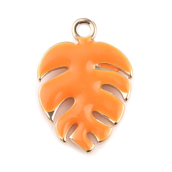 Bild von Messing Emaillierte Pailletten Charms Monstera Vergoldet Orange 13mm x 9mm, 5 Stück