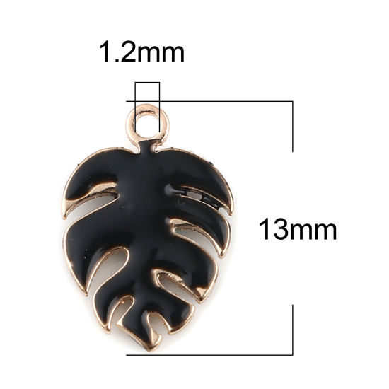 Bild von Messing Emaillierte Pailletten Charms Monstera Vergoldet Schwarz 13mm x 9mm, 5 Stück